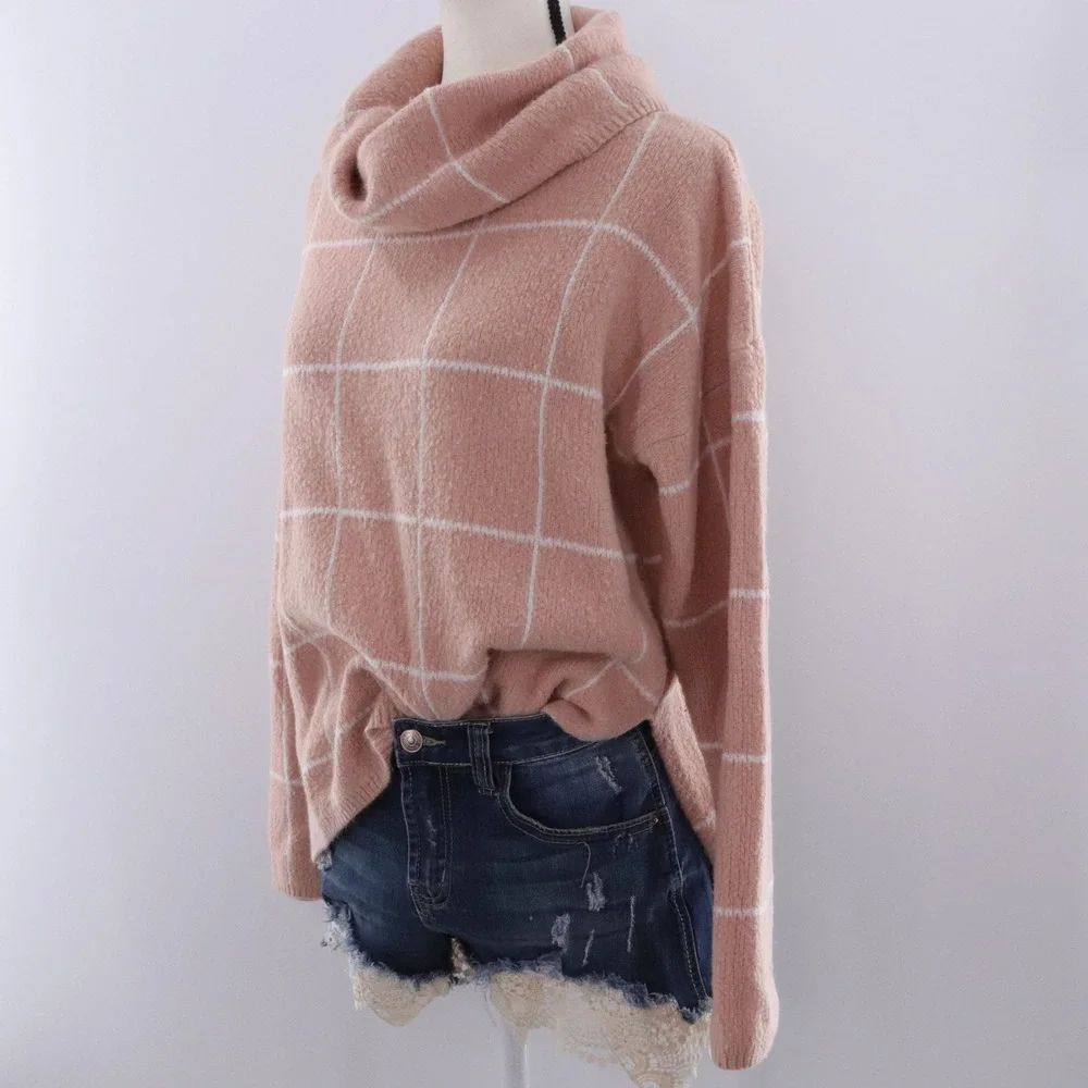 Lulus Pink Plaid Cozy Cowl Neck Sweater Long Sleeve Women's Size S